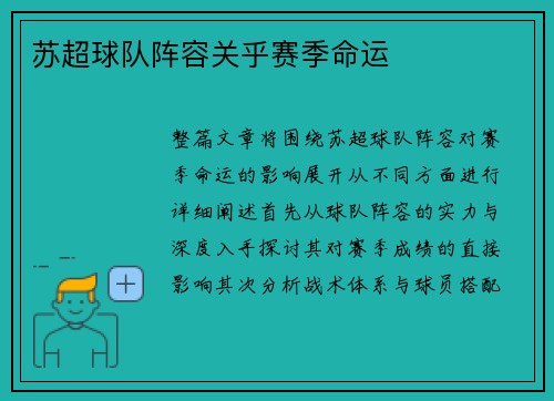 苏超球队阵容关乎赛季命运